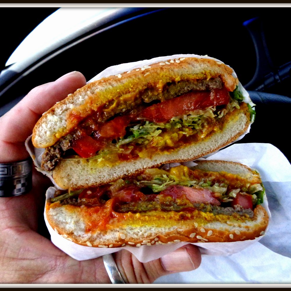 Nick's Burgers - Click for a life sized view of Nick's standard $3.29 burger..a to go burger, & Nick's cleanly cut the burger in half... - Burgers Near Me - Redlands, California Nick's Burgers - Click for a life sized view of Nick's standard $3.29 burger..a to go burger, & Nick's cleanly cut the burger in half... - Burgers Near Me - Redlands, California