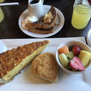 B Matthews Eatery - Salmon Quiche and half order of peach cobbler pancakes - New American Near Me - Savannah, Georgia