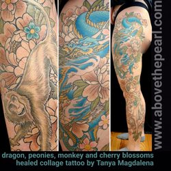 Above the Pearl Tattoo - Dragon and monkey leg tattoo by tanya magdalena