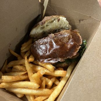 Avalon Aeropub - Its a mushroom burger  my friend loved. It!! And the fries are delish!! - Pubs Near Me - Redmond, Oregon