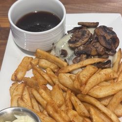 Mushroom Swiss burger with some of the French Dip Au Jus