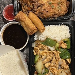 Chang's Wok - Top: Veggie Egg Foo Young (sauce & rice on the side) Dinner combo Black Pepper Chicken w/ egg roll & spring roll