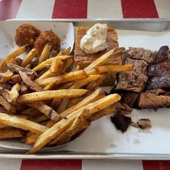 5 Star BBQ - Brisket plate. Baked funeral potatoes, corn bread & fries. - Barbeque Near Me - Orem, Utah