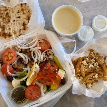 Apollo Café - Chicken souvlaki with side salad, Greek fries, and avgolemeno soup - Greek Near Me - Milwaukee, Wisconsin