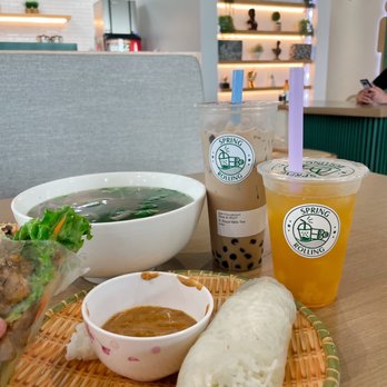 Spring Rolling - Chicken pho, spring rolls, royal milk tea boba & a fruit tea. - Salad Near Me - Magnolia, Texas