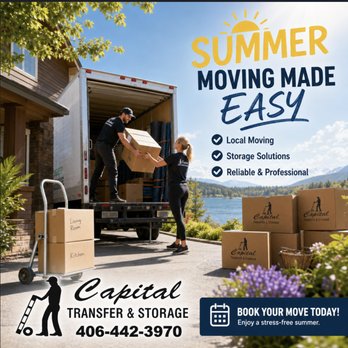Capital Transfer & Storage - Local & Long‑Distance Expertise
Visit us anytime at capitaltransfer.net or give us a call to schedule your summer move... - Movers Near Me - Helena, Montana Capital Transfer & Storage - Local & Long‑Distance Expertise
Visit us anytime at capitaltransfer.net or give us a call to schedule your summer move... - Movers Near Me - Helena, Montana
