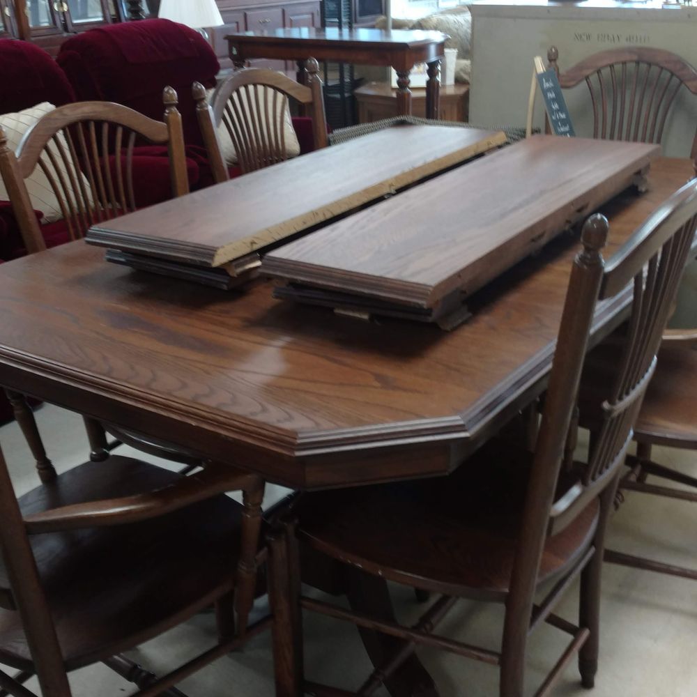 Amish dining table with 6 chairs and 4 extensions. I got it for just $350!