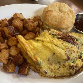 Ruby Slipper Central Business District - BYO Omelet (Bacon, onions, Bell peppers) side of potatoes with biscuit - Breakfast & Brunch Near Me - New Orleans, Louisiana Ruby Slipper Central Business District - BYO Omelet (Bacon, onions, Bell peppers) side of potatoes with biscuit - Breakfast & Brunch Near Me - New Orleans, Louisiana