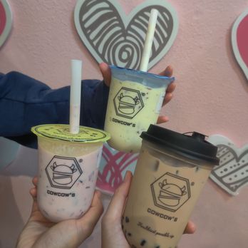Cowcow’s Tea - Left to right: strawberry rice yogurt, passion fruit rice yogurt, and rose milk tea with boba - Bubble Tea Near Me - Honolulu, Hawaii