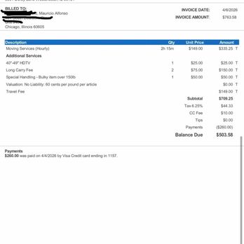 Coffey Bros Moving - Quote for things they didn't do. They didn't carry my items to my apartment.  No items were above 150 pounds. - Movers Near Me - Westchester, Illinois