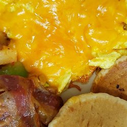 Jersey Shore Pizza & Grille - #3 Breakfast Combo~ 2 Farm Fresh Eggs- any style, 2 fluffy pancakes, out signature seasoned home fried potatoes and 2 strips of bacon!