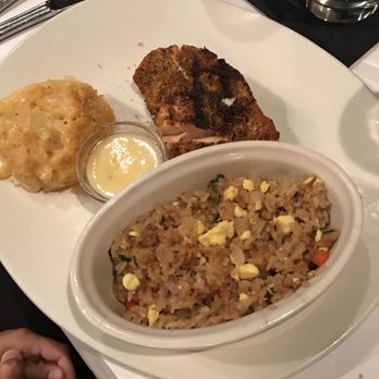 Bonefish Grill - Salmon, butter sauce (on side), cheesy potatoes and crab fried rice. - Seafood Near Me - Orlando, Florida