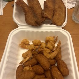 Flounder, shrimp, hushpuppies Flounder, shrimp, hushpuppies
