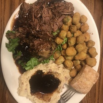Starvin Marvin's - Marvin's Secret Recipe Pot Roast with Brown Gravy and Mashed Potatoes with a side of Fried Okra and a Homemade Yeast Roll. - Seafood Near Me - Branson, Missouri Starvin Marvin's - Marvin's Secret Recipe Pot Roast with Brown Gravy and Mashed Potatoes with a side of Fried Okra and a Homemade Yeast Roll. - Seafood Near Me - Branson, Missouri