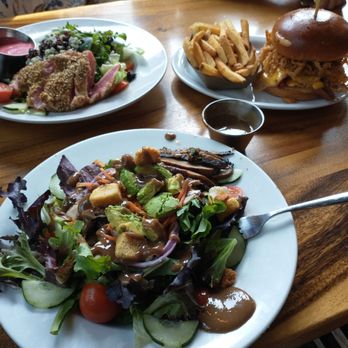 Plank Craft Kitchen & Bar - 3/22/2026 - Napa Salad w/ahi, Rodeo Burger w/fries, and Farmer Salad w/portobello mushroom. - American Near Me - Folsom, California