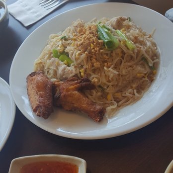 Lemon Thai Cuisine - Pad Thai with chicken wings on the side and sweet chilli dipping sauce - Thai Near Me - Somerville, Massachusetts Lemon Thai Cuisine - Pad Thai with chicken wings on the side and sweet chilli dipping sauce - Thai Near Me - Somerville, Massachusetts