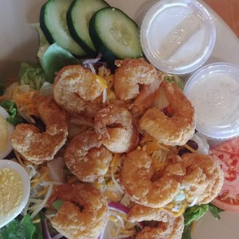 Cuz's - Fried shrimp on my side salad. Enough for 2 people, easily - Seafood Near Me - Bay Saint Louis, Mississippi Cuz's - Fried shrimp on my side salad. Enough for 2 people, easily - Seafood Near Me - Bay Saint Louis, Mississippi