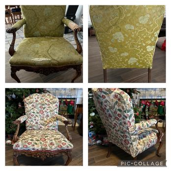 Classic Upholstery - The green (top row) is before The California poppy fabric (bottom row) is now - Furniture Reupholstery Near Me