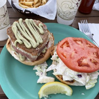 Coconuts Fish Cafe - Ahi tuna on a bun w/ wasabi sauce - Seafood Near Me - Kihei, Hawaii Coconuts Fish Cafe - Ahi tuna on a bun w/ wasabi sauce - Seafood Near Me - Kihei, Hawaii