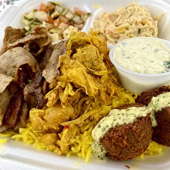 Rockin' Moroccan - The Everything Platter (Saffron Chicken, Gyro, Kefta, Falafel, Rice, Pita Bread, Pico, and Slaw) Perfect to sample it all! - Moroccan Near Me Rockin' Moroccan - The Everything Platter (Saffron Chicken, Gyro, Kefta, Falafel, Rice, Pita Bread, Pico, and Slaw) Perfect to sample it all! - Moroccan Near Me