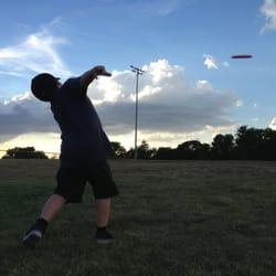8 year old son rippin' a drive at San Gabriel Disc Golf Course.