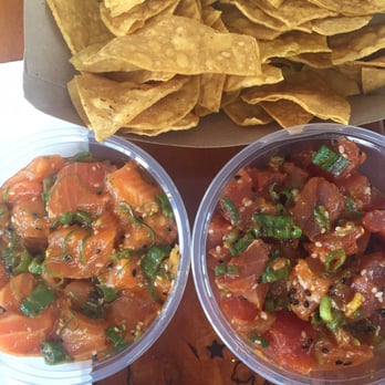 Bear Flag Fish - Half pound each of Salmon poke (left) and tuna poke (right) with chips - Seafood Near Me - Newport Beach, California