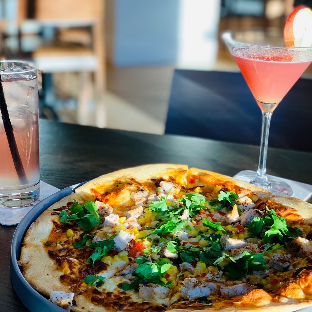 SweetFire Kitchen - Buffalo Chicken Pizza with the drinks - New American Near Me - San Antonio, Texas SweetFire Kitchen - Buffalo Chicken Pizza with the drinks - New American Near Me - San Antonio, Texas