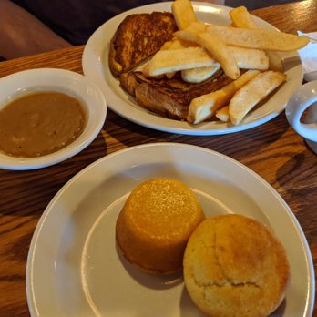 Cracker Barrel Old Country Store - Grilled cheese with fries, size of brown gravy, and two corn muffins - Southern Near Me - Stevensville, Michigan Cracker Barrel Old Country Store - Grilled cheese with fries, size of brown gravy, and two corn muffins - Southern Near Me - Stevensville, Michigan