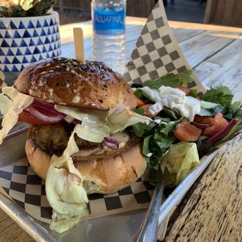 The Burger Joint - Arcata - Juicy Lucy with side salad. Bottom of bun bigger than the top and ridiculously hard to eat - Burgers Near Me - Arcata, California