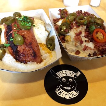 Biscuit Bitch - Both Hot Mess Bitch, but one order the hot link was subbed for bacon - Breakfast & Brunch Near Me - Seattle, Washington Biscuit Bitch - Both Hot Mess Bitch, but one order the hot link was subbed for bacon - Breakfast & Brunch Near Me - Seattle, Washington