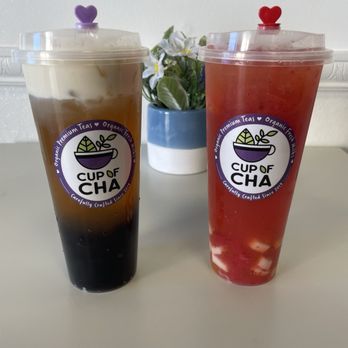 Cup of Cha Tea House - Left: Pink Salt Honey Latte 75% sweetness Right: Malibu Sunset Lemonade 75% sweetness - Bubble Tea Near Me - Upland, California Cup of Cha Tea House - Left: Pink Salt Honey Latte 75% sweetness Right: Malibu Sunset Lemonade 75% sweetness - Bubble Tea Near Me - Upland, California