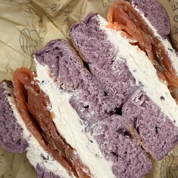 Fin’s Bagels - Blueberry bagel with olive cream cheese and salmon - Bagels Near Me - Honolulu, Hawaii