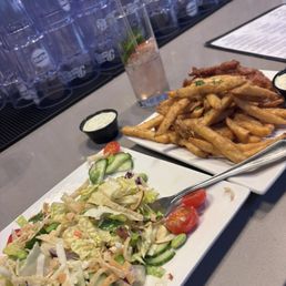 Sesame salad and cod & chips. Sesame salad and cod & chips.