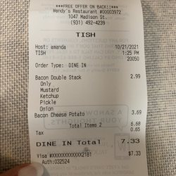 Wendy's - The receipt from my fateful visit in Shelbyville to give you prices, etc. (also it was *take out* NOT what's shown)