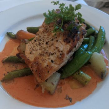 Vintner Grill - Grilled Atlantic Salmon With Steamed Yukon Gold Potatoes, Seasonal Baby Vegetables And Shrimp Cream Bisque - New American Near Me - Las Vegas, Nevada Vintner Grill - Grilled Atlantic Salmon With Steamed Yukon Gold Potatoes, Seasonal Baby Vegetables And Shrimp Cream Bisque - New American Near Me - Las Vegas, Nevada