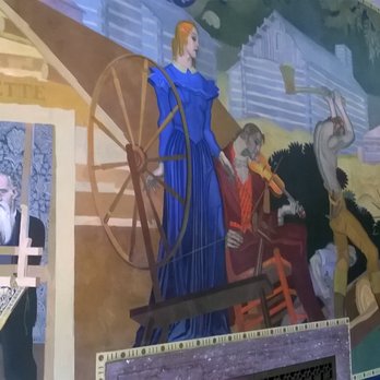 Fountain County Courthouse Murals - "Pioneer Settlement" by Erickson (1939) on the first floor, north wall - Art Tours Near Me - Covington, Indiana Fountain County Courthouse Murals - "Pioneer Settlement" by Erickson (1939) on the first floor, north wall - Art Tours Near Me - Covington, Indiana