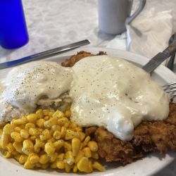 Lupita’s Family Restaurant - Chicken fried steak mashed potatoes and corn.