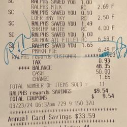Ralphs - This receipt features the price they charge me for the full pie. The 18 pack Pepsi is also featured at the top of this receipt.