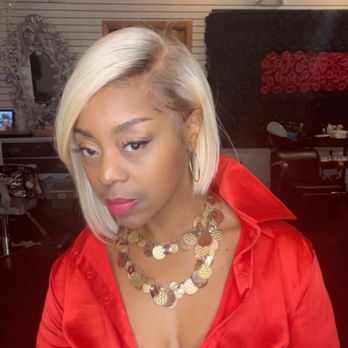 Imagery Red Carpet Salon - Wig created by Key, with blond hair and darkened roots - Hair Salons Near Me - Charlotte, North Carolina Imagery Red Carpet Salon - Wig created by Key, with blond hair and darkened roots - Hair Salons Near Me - Charlotte, North Carolina