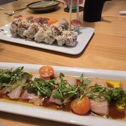 Hamachi carpaccio and shrimp roll (we also got the rainbow roll combo and miguri roll and all were amazing!) Hamachi carpaccio and shrimp roll (we also got the rainbow roll combo and miguri roll and all were amazing!)