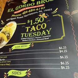 El Gordo Bros - Norristown - Taco Tuesday menu