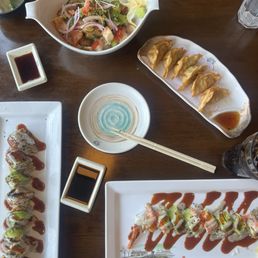 Caterpillar roll, gyoza, poke bowl