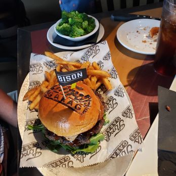 Ford's Garage Florence - Bison Burger with fries and broccoli - Burgers Near Me - Florence, Kentucky Ford's Garage Florence - Bison Burger with fries and broccoli - Burgers Near Me - Florence, Kentucky