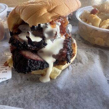 Hoggy's Restaurant and Catering - Brisket Queso Sandwich, MAC and CHEESE and CORNBREAD - Barbeque Near Me - Columbus, Ohio