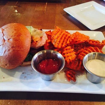 Crave Kitchen & Bar - Grilled pesto chicken w/ sweet potatoe fries && marshmallow sauce - Cafes Near Me - El Paso, Texas