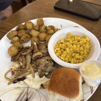 Deborah‘s Kitchen Table - Grilled chicken, smothered in mushrooms and onions with fried okra and buttered corn! - Cafes Near Me - Goliad, Texas Deborah‘s Kitchen Table - Grilled chicken, smothered in mushrooms and onions with fried okra and buttered corn! - Cafes Near Me - Goliad, Texas