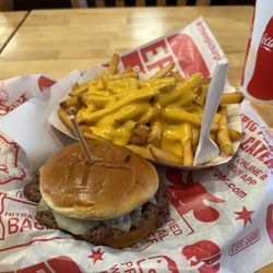 Epic Burger - A BYOB -Brioche bun, Angus beef, onion, extra pepper jack cheese, mayo, and jalapeños with a side a cheese fries.