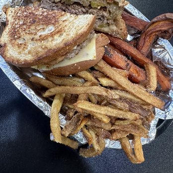 Gabby's Burgers - Delicious Patty Melt with added grilled jalapeños and 1/2 & 1/2 fries - Burgers Near Me - Nashville, Tennessee Gabby's Burgers - Delicious Patty Melt with added grilled jalapeños and 1/2 & 1/2 fries - Burgers Near Me - Nashville, Tennessee