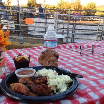 Poway Rodeo - Kaminski's BBQ Chicken and BBQ Brisket w/coleslaw, tater salad, baked beans, corn muffin and a cookie. Yum! Excellent. - Rodeo Near Me - Poway, California
