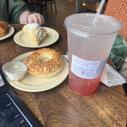 The Chat and Chew Cafe - Strawberry lemonade lotus and Asiago Bagel with bacon and scallion cream cheese